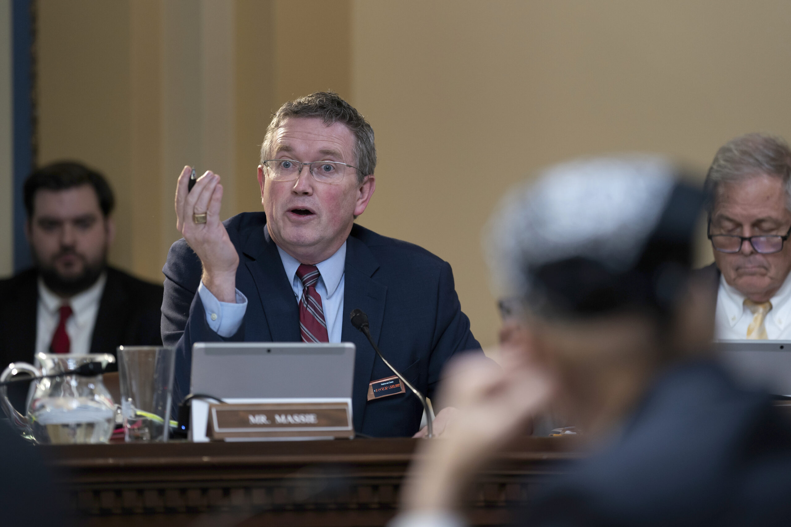 Rep. Thomas Massie, R-Ky., makes a point in the House Rules Committee as Republicans advance a bill to disapprove of action by the District of Columbia Council on a local voting rights act and a criminal code revision, at the Capitol in Washington, Monday, Feb. 6, 2023.