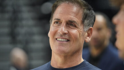 Mark Cuban, owner of the Dallas Mavericks, watches warm ups before Game 6 of an NBA basketball first-round playoff series against the Utah Jazz, Thursday, April 28, 2022, in Salt Lake City.
