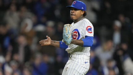 Chicago Cubs pitcher Marcus Stroman taunts the New York Mets dugout