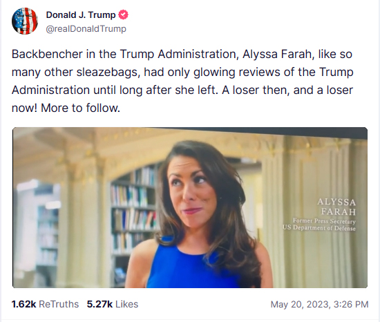 Trump trashes Alyssa Farah Griffin in Truth post