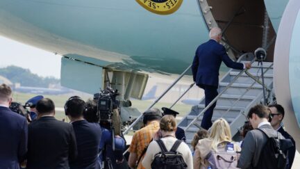 U.S. President Joe Biden boards Air Force One at Joint Base Andrews in Maryland as he departs Washington en route North Carolina on June 9, 2023. Photo by Yuri Gripas/Abaca/Sipa USA