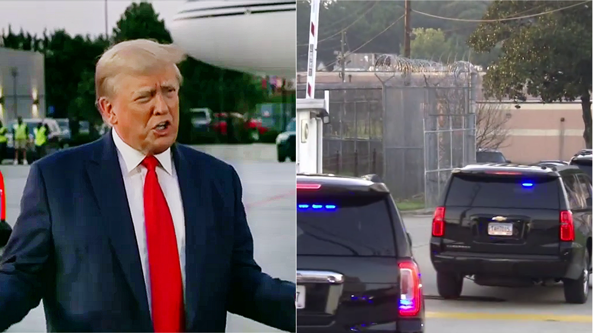Trump tarmac after arrest Arrest motorcade split image