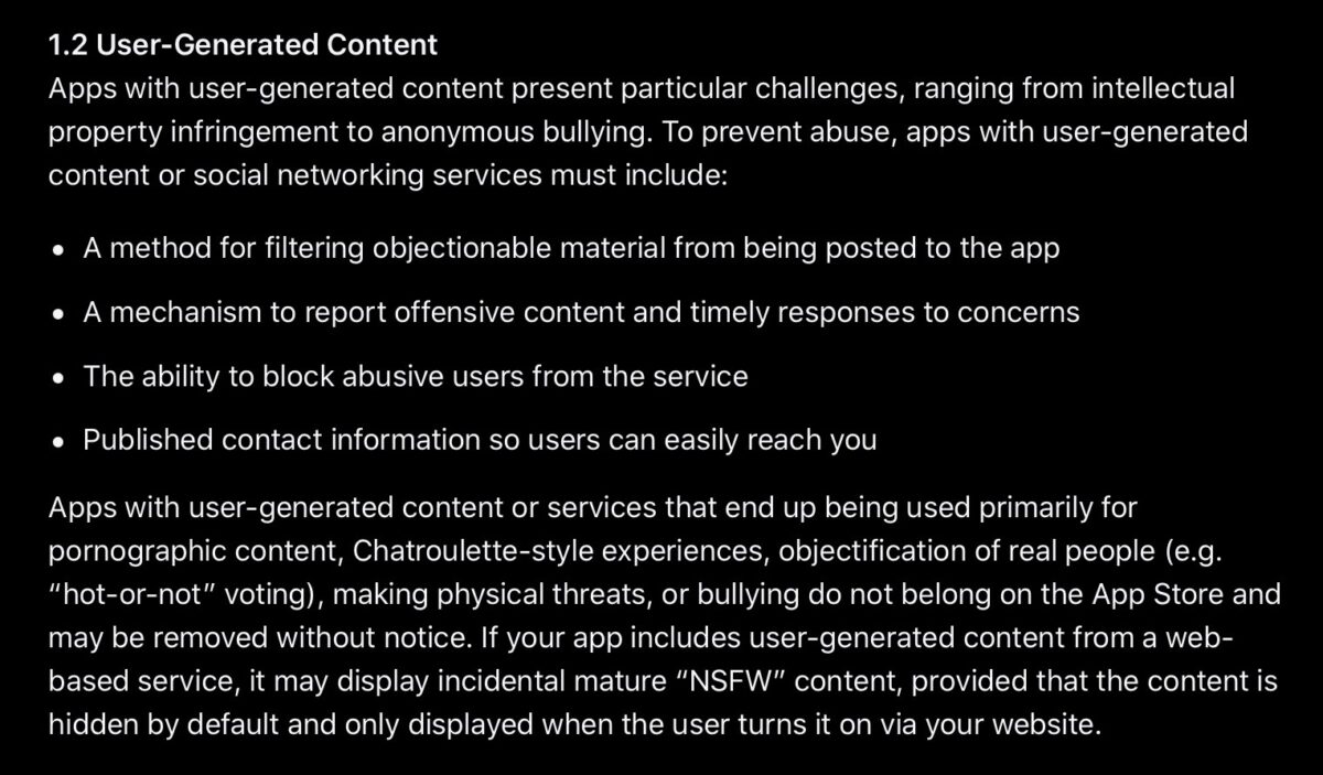 Apple App Store Review Guidelines showing a requirement for function to block abusive users