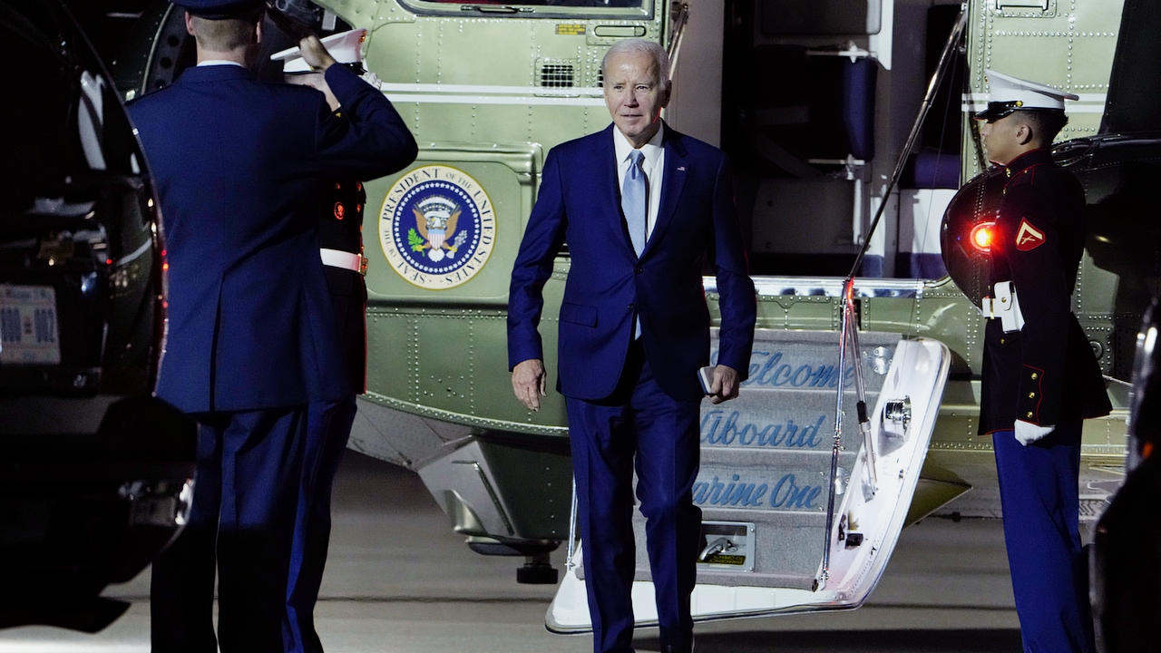 President Joe Biden steps off of Marine One as he arrives At Delaware Air National Guard Base in New Castle, Del., Friday, Oct. 27, 2023, in Washington.