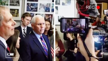 Heckler Trolls Trump's Ex-VP As He Tries To Talk To Reporters In NH- 'Mike Pence And I Are Gay!'