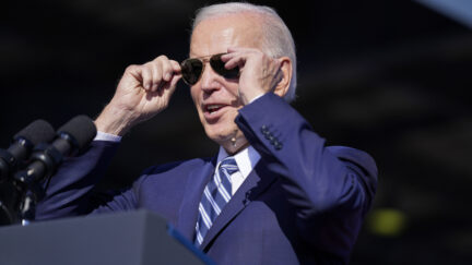 President Joe Biden adjusts his sunglasses as he speaks at Tioga Marine Terminal, Friday, Oct. 13, 2023, in Philadelphia.