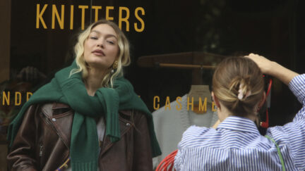 NEW YORK, NY - OCTOBER 18: Gigi Hadid seen during a photo shoot at Guest In Residence in Soho, New York City on October 18, 2023 Credit: