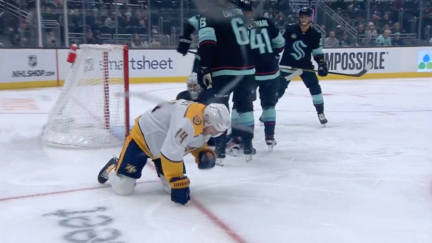 Nashville Predators winger Gustav Nyquist reacts to losing his teeth