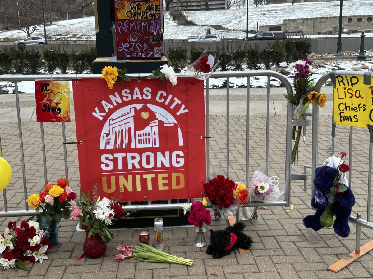 memorial at site of Kansas City Chiefs Super Bowl parade shooting