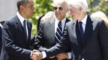 President Barack Obama, Vice President Joe Biden, and former President Bill Clinton attend a memorial service for the late Sen. Robert C. Byrd, D-W.Va., at the Capitol in Charleston, W.Va., Friday, July 2, 2010. (AP Photo/Charles Dharapak)