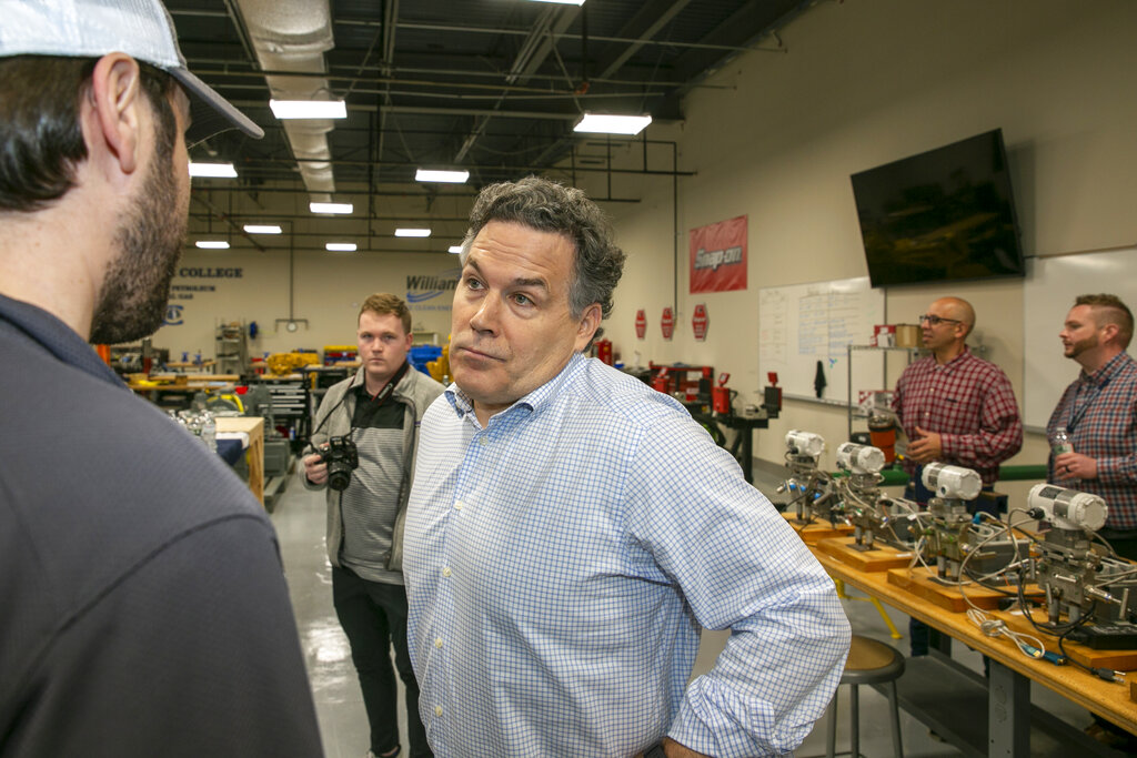 David McCormick, a Republican candidate for a Pennsylvania U.S. Senate seat, tours the Lackawanna College of Petroleum and Natural Gas in Tunkhannock, Pennsylvania, on Tuesday, May 10, 2022.