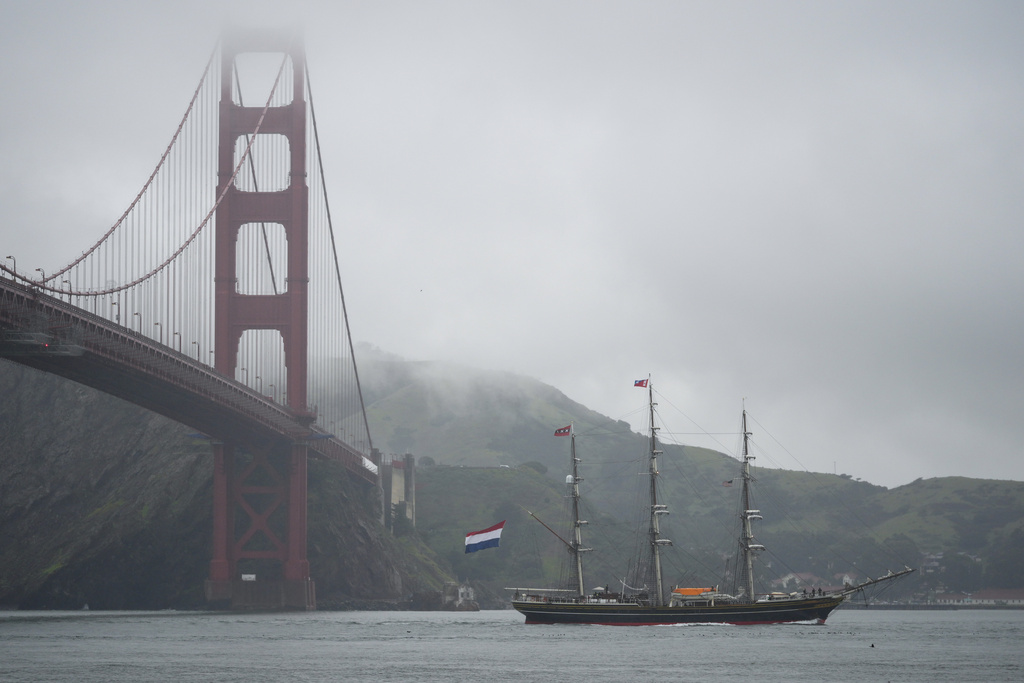 The Dutch tall ship Stad Amsterdam makes its way past the Golden Gate Bridge in San Francisco, Wednesday, March 6, 2024. The ship is visiting San Francisco and will be docked at Pier 30-32 until March 24 before continuing on its world tour.