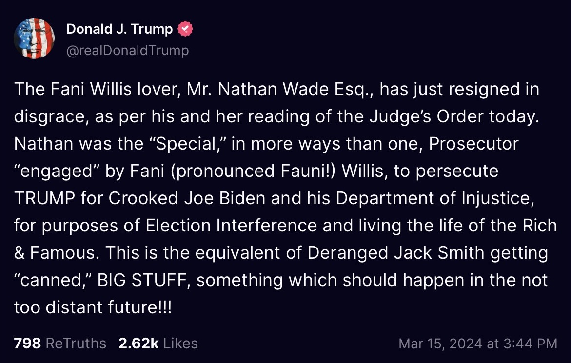 Trump post about Nathan Wade resignation