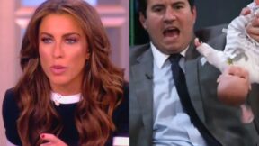 Side by side of Alyssa Farah Griffin and Alex Stein holding a baby doll