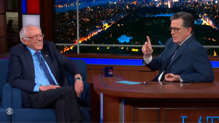 Bernie Sanders talking to Stephen Colbert