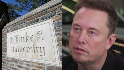 Side by side images of a sign outside Duke University and Elon Musk during his interview with Don Lemon