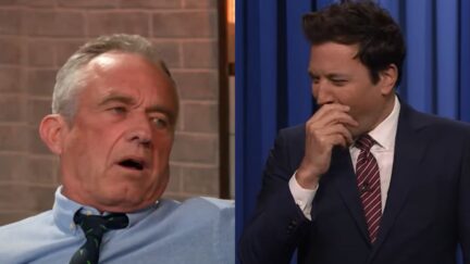 Robert F. Kennedy Jr. during a podcast appearance and Jimmy Fallon performing his monologue on The Tonight Show