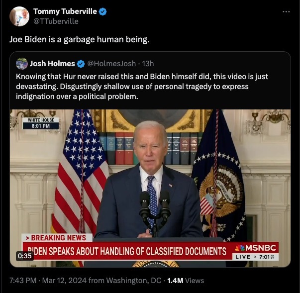 Tommy Tuberville's tweet attacking Joe Biden as a "garbage human being"