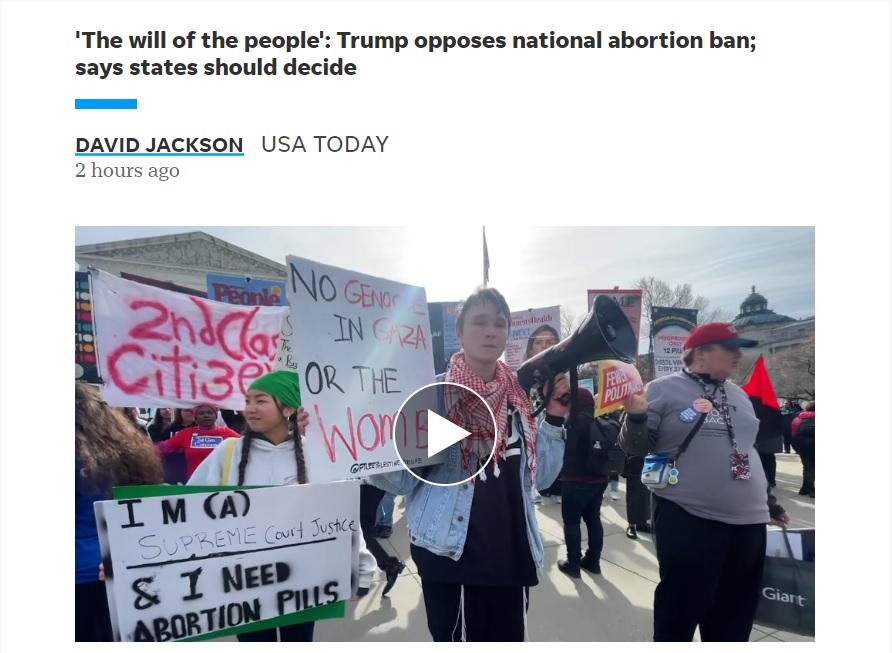 USA Today headline Trump opposes national abortion ban