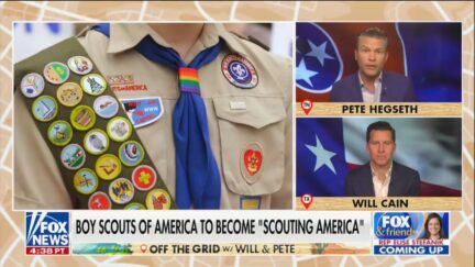 Image of Boy Scout uniform with panels of Pete Hegseth and Will Cain