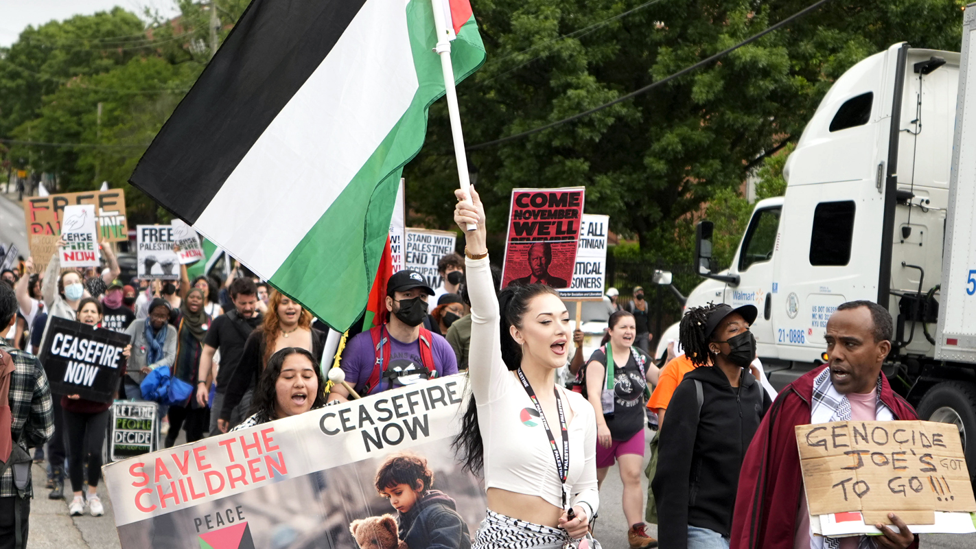 Pro-Palestinian supporters protest near the Morehouse College graduation ceremony on Sunday, May 19, 2024, in Atlanta.