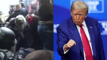 Side by side images of January 6 insurrection and Donald Trump