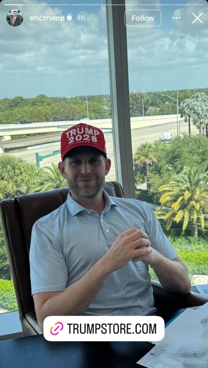 Eric Trump wears "Trump 2028" hat