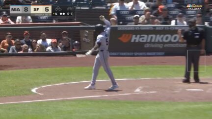 Marlins outfielder Dane Myers breaks back after striking out