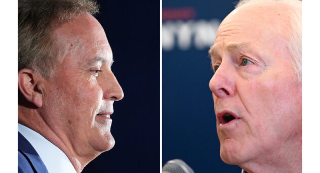 Attorney General Ken Paxton, left, in Dallas and Sen. John Cornyn, R-Texas, in Austin, Texas, both on March 3, 2026.