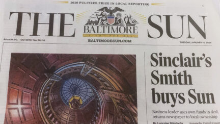 The Baltimore Sun front page is seen, Tuesday, Jan. 16, 2024, in Baltimore. David D. Smith, executive chairman of the Sinclair broadcasting chain and an active contributor to conservative causes, has bought Baltimore Sun Media from the investment firm Alden Global Capital. The purchase price was not disclosed. (AP Photo/Lea Skene)