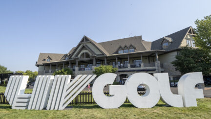 BOLINGBROOK, IL - AUGUST 09: The LIV GOLF logo is pictured in front of the Bolingbrook Golf Club clubhouse before day two of LIV Golf Chicago on Saturday, August 09, 2025 at Bolingbrook Golf Club in Bolingbrook, IL. (Photo by Joseph Weiser/Icon Sportswire) (Icon Sportswire via AP Images)