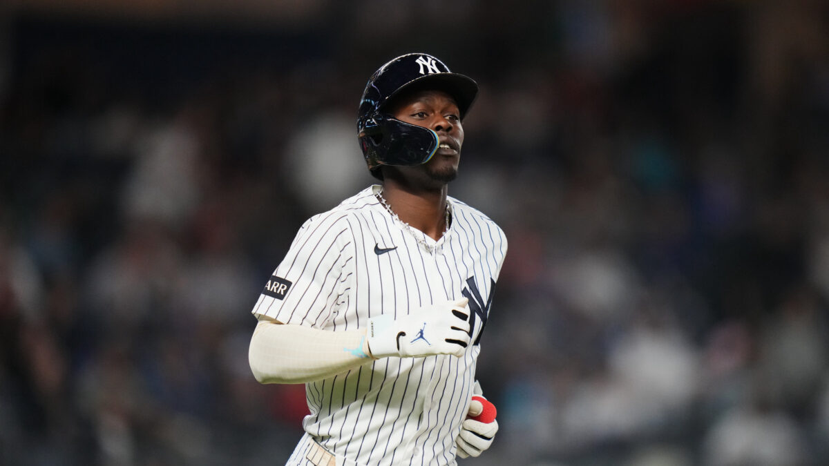 New York Yankees' Jazz Chisholm Jr. during the eighth inning of a baseball game against the Texas Rangers Tuesday, May 5, 2026, in New York. (AP Photo/Frank Franklin II)