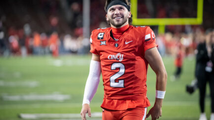 FILE - Cincinnati quarterback Brendan Sorsby (2) walks off the field after a NCAA college football game against Baylor, Oct. 25, 2025, in Cincinnati. (AP Photo/Tanner Pearson, file)