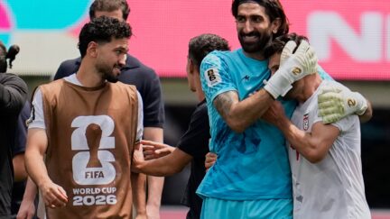 Iran players react at the end of the World Cup Group G soccer match between Belgium and Iran in Inglewood, Calif., near Los Angeles, Sunday, June 21, 2026. (AP Photo/Gregory Bull)