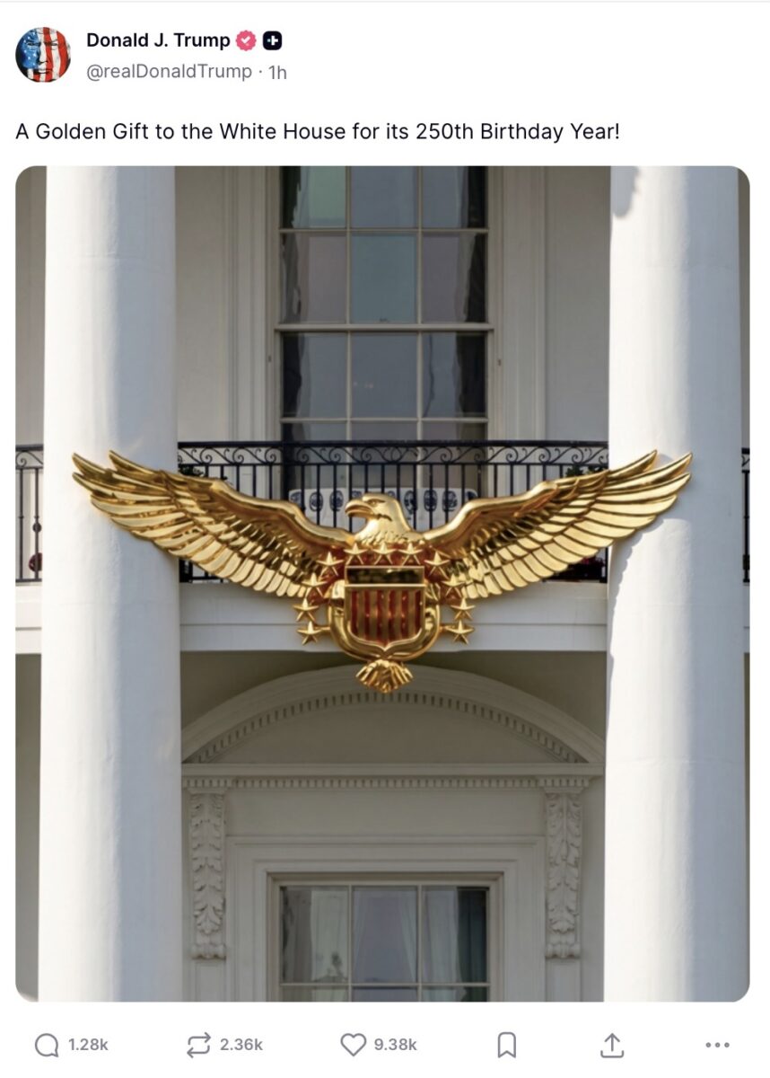 Trump post about golden gift eagle for White House