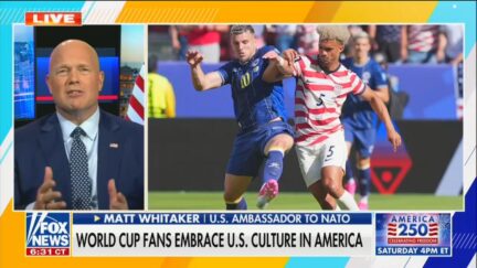 UN Ambassador Matt whitaker in a split screen with a shot from a us world cup game