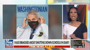 Harris Faulkner with a masked anthony fauci on a magazine cover inset as a graphic