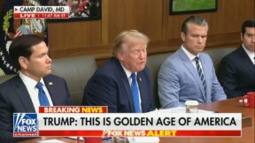 trump with rubio to his right and hegseth to his left, at a cabinet meeting at camp david