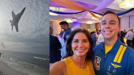 Blue Angels in split screen with a member of the blue angels and rep michelle salzman