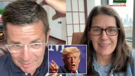 dean obeidallah and mary trump in a split screen with an inset of donald trump