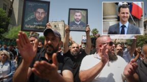 People celebrate in the streets of Syria after dictator Bashar al-Assad, inset, is sentenced to death.