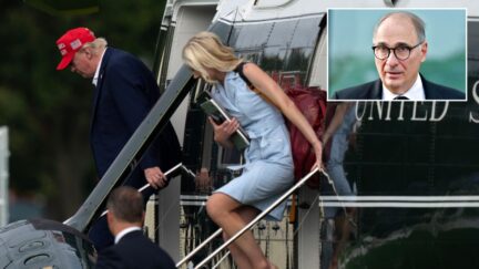 composite trump and natalie harp get off a plane, inset axelrod