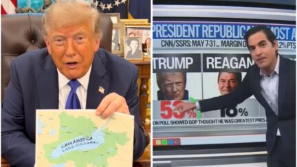 trump holding up map of lake ontario; enten showing poll of trump's popularity with gop