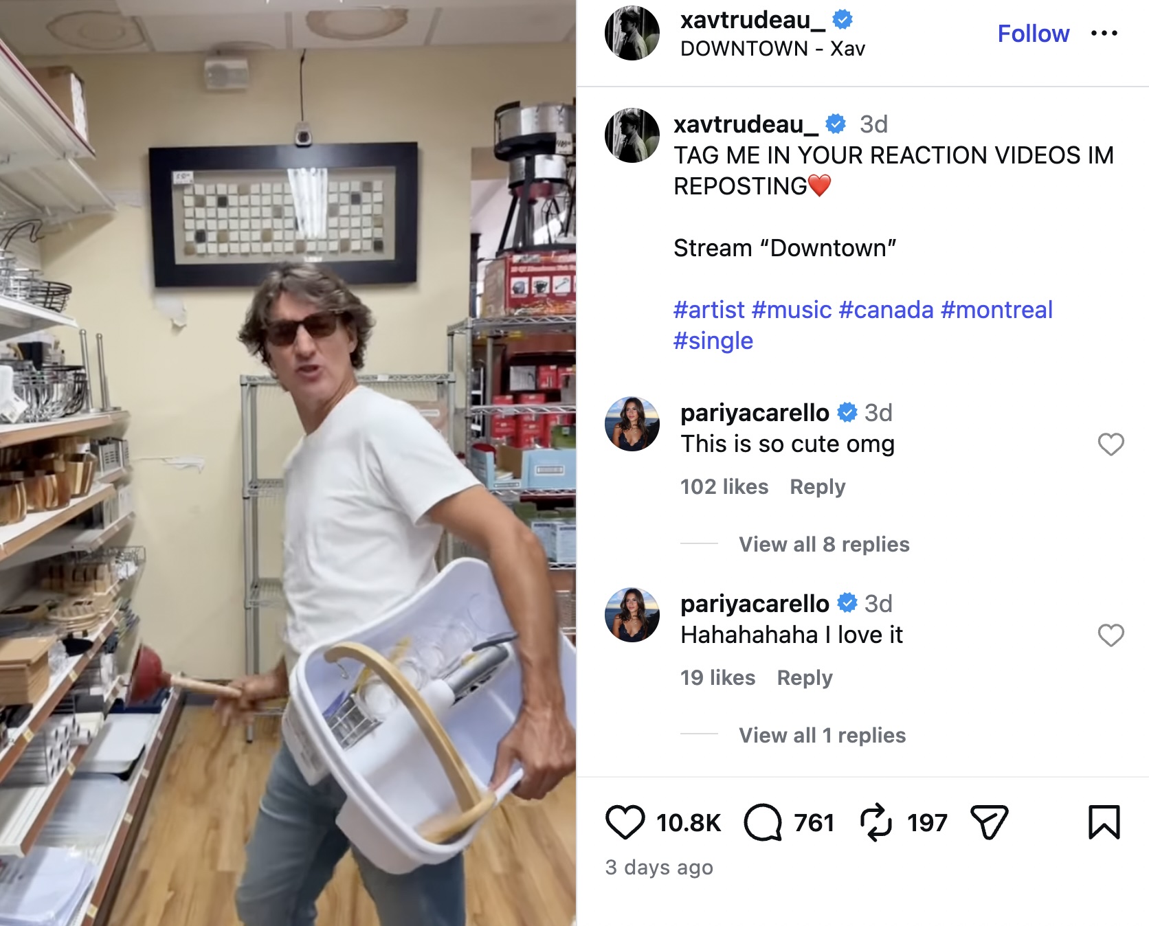 Justin Trudeau with a plunger dancing in a store to his son's song