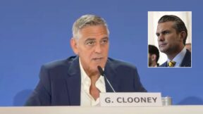 composite with george clooney at a microphone and hegseth inset