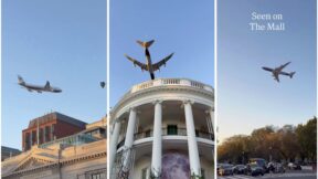 composite of three screenshots from videos showing air force one flying low over washington dc and the white house