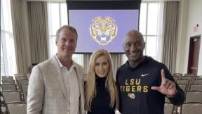 Newly-fired Katie Zacharia gives a pep talk to the LSU football team, one day after getting fired by President Donald Trump