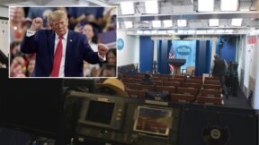 White House Press Briefing Room (AP Photo/Alex Brandon); Donald Trump pumping his fists at rally, inset (AP Photo/Chris O'Meara)