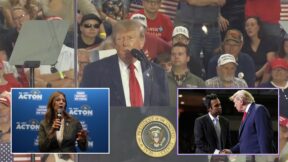 composite image trump at rally; amy acton speaking at a mic, left, and right trump shaking vivek ramaswamy's hand