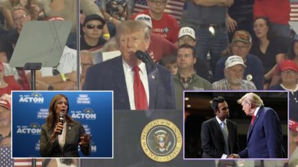composite image trump at rally; amy acton speaking at a mic, left, and right trump shaking vivek ramaswamy's hand